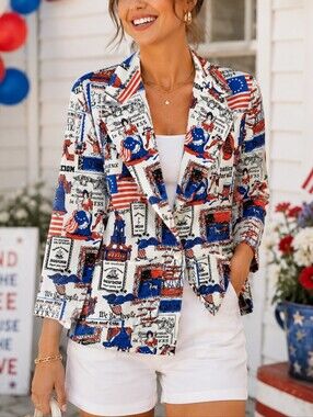 Vintage 70s Red white blue vintage Patriotic print July 4th Jacket Blazer sz S
